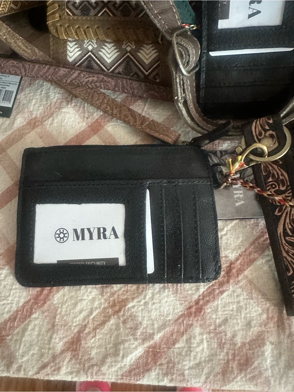 Myra Bag Turquoise, Brown & Cream Tooled Leather Card Holder Wristlet - Picture 2 of 2